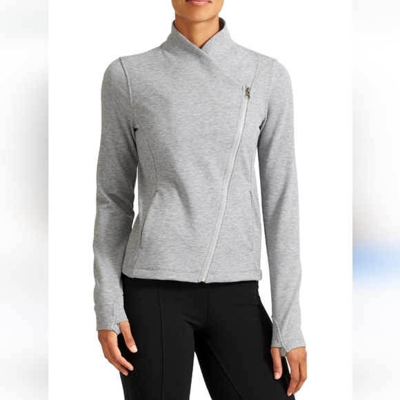 ATHLETA SOFTTECH MOTO JACKET WOOL BLEND women's Small Front Zip Sweater Sz Small - Picture 2 of 11